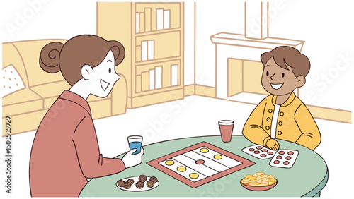 A mother and son happily playing a board game together in a cozy living room with drinks and snacks on the table enjoying quality family time and bonding