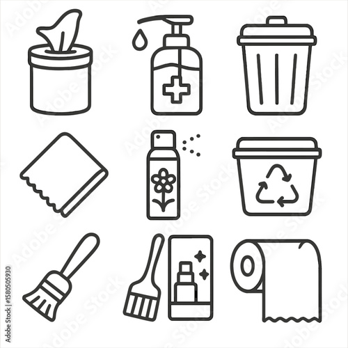 Cleaning Hygiene Icons. Line style icons of Cleaning & Hygiene Corner: disinfectant wipe tub, hand sanitizer pump, trash can,