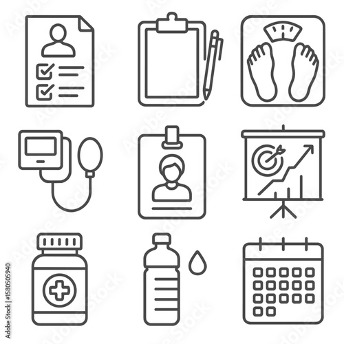 Wellness Consultation Icons. Line style icons of Wellness Consultation Desk: health questionnaire, clipboard pen, body composition