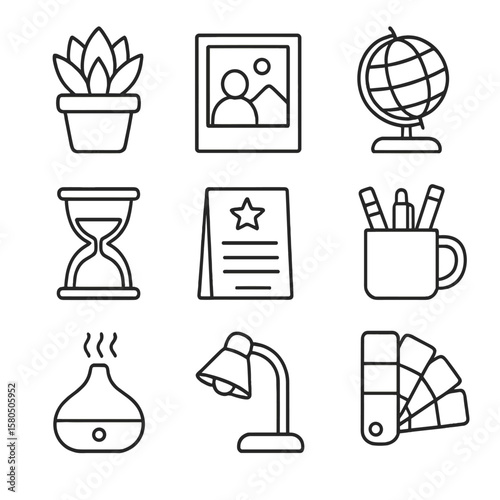 Office Decor Icons. Line style icons of Office Decor Accents: potted succulent, desk photo frame, mini globe, hourglass timer,