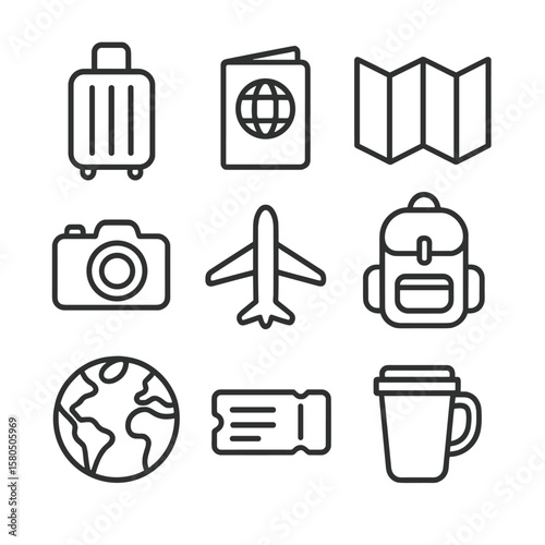 Travel Icons Hug. Line style icons of Travel Companions Group Hug: suitcase icon, passport icon, map icon, camera icon, airplane