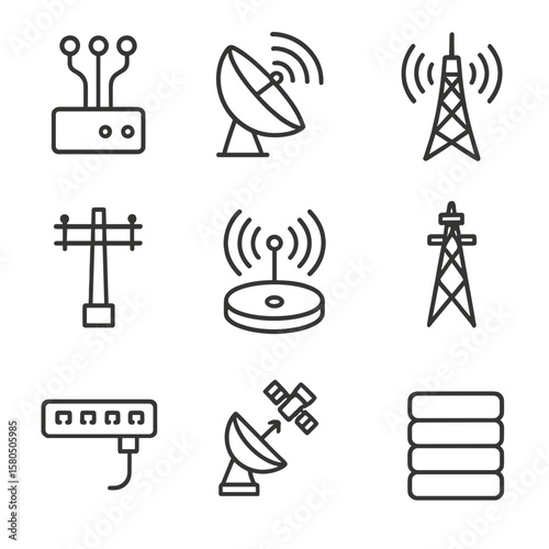 Communication Network Icons. Line style icons of Communication Networks: fiber-optic node, microwave link dish, cellular base