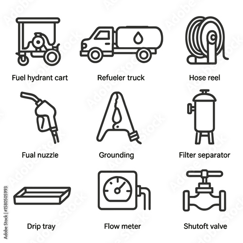 Fuel System Icons. Line style icons of Fueling & Defueling Systems: fuel hydrant cart, refueler truck, hose reel, fuel nozzle,