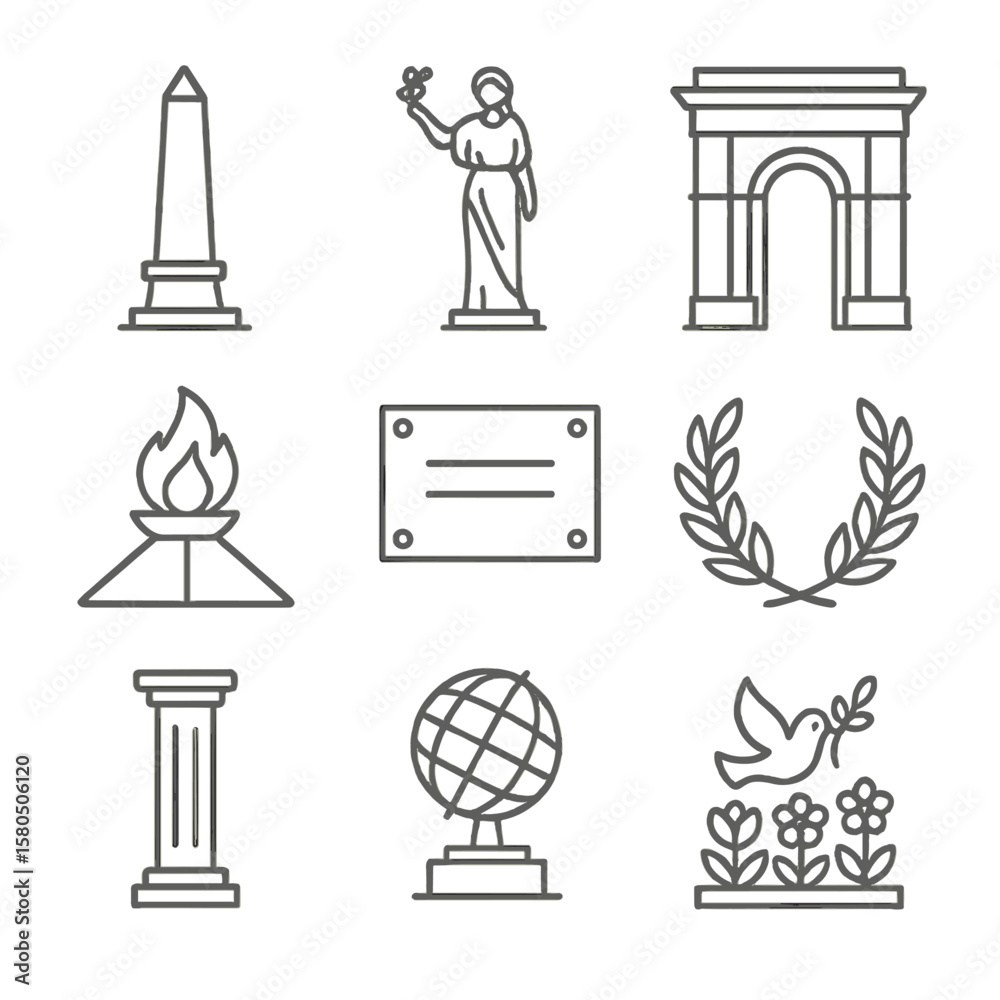 Peace Monument Icons. Line style icons of Peace Monument Landmarks: obelisk tower, statue pedestal, memorial arch, eternal flame, Peace Monument Icons. Line style icons of Peace Monument Landmarks: obelisk tower, statue pedestal, memorial arch, eternal flame,
