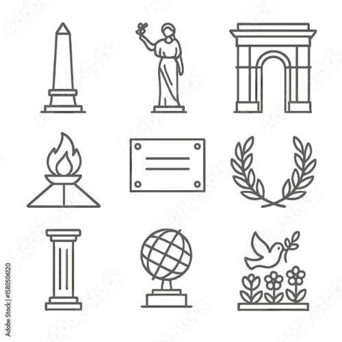 Peace Monument Icons. Line style icons of Peace Monument Landmarks: obelisk tower, statue pedestal, memorial arch, eternal flame,