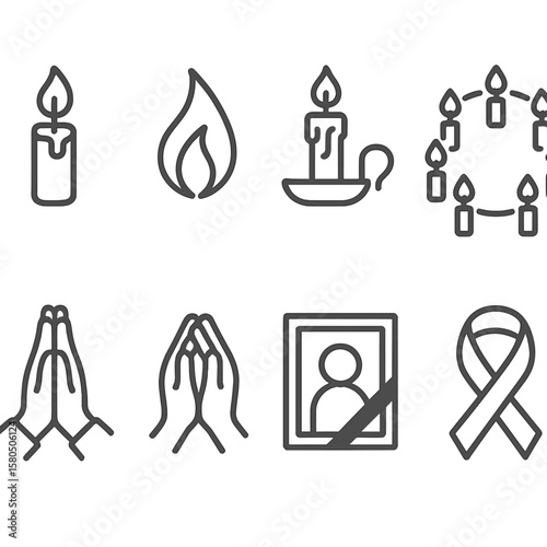 Candlelight Vigil Symbols. Line style icons of Candlelight Vigil Elements: lit candle, flame flicker, candle holder, wreath of