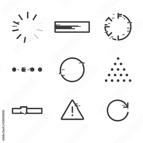 UI Loading Glitches Icons. Line style icons of UI Loading Glitches: spinner glitch, progress bar skip, buffer icon, loading dots