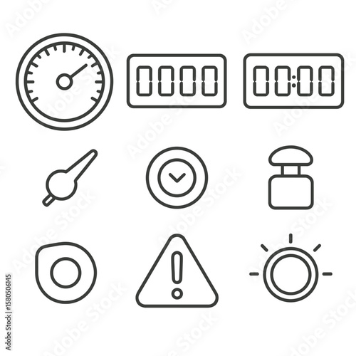 Taxi Meter Interface Icons. Line style icons of Taxi Meter Interface: meter dial, fare display, time counter, distance odometer,