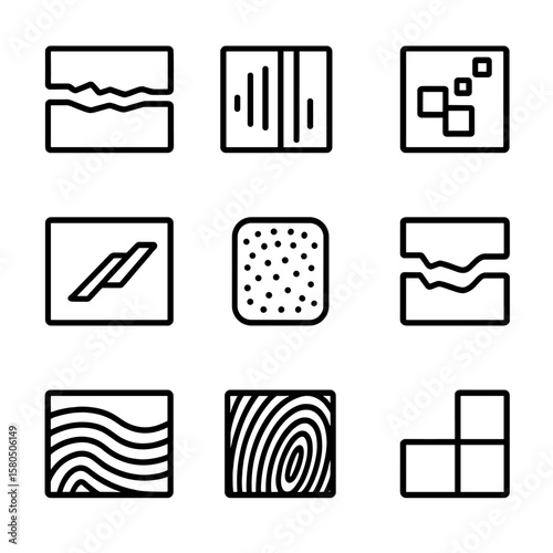 Screen Distortion Icons. Line style icons of Screen Distortion Patterns: horizontal tear, vertical bar glitch, pixel shift,