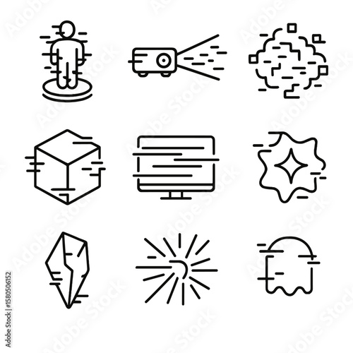 Holographic Glitch Icons. Line style icons of Holographic Glitch Effects: hologram flicker, projector beam glitch, data pixel