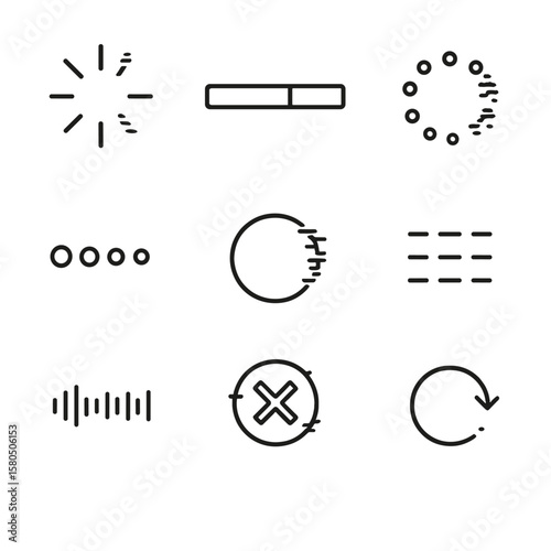 UI Loading Glitches Icons. Line style icons of UI Loading Glitches: spinner glitch, progress bar skip, buffer icon, loading dots