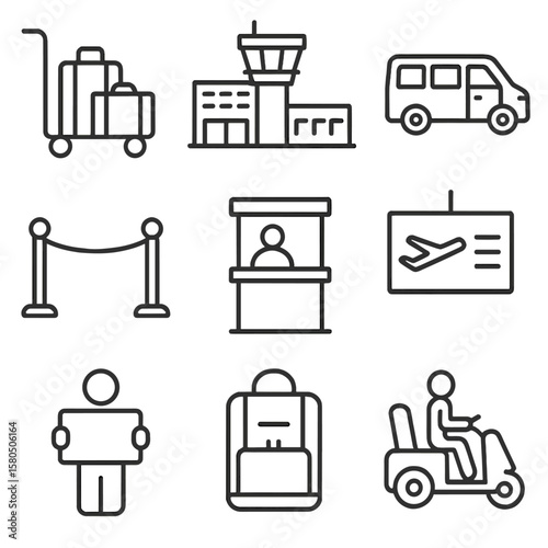 Airport Taxi Icons. Line style icons of Airport Taxi Services: luggage trolley, terminal building, shuttle van, queue barrier,