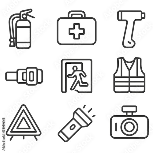 Taxi Safety Equipment Icons. Line style icons of Taxi Safety Equipment: fire extinguisher, first-aid kit, safety hammer, seatbelt