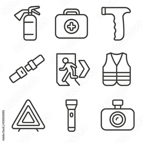 Taxi Safety Equipment Icons. Line style icons of Taxi Safety Equipment: fire extinguisher, first-aid kit, safety hammer, seatbelt