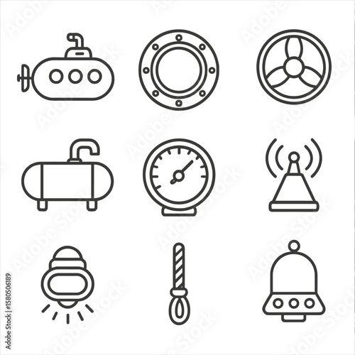 Underwater Taxi Icons. Line style icons of Underwater Taxi Pods: submarine cab, porthole window, propeller shroud, ballast tank,
