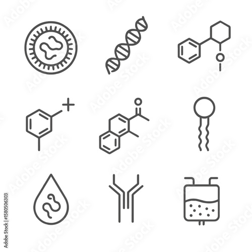 Lipid Nanoparticle Components. Line style icons of Lipid Nanoparticle Delivery: LNP vesicle, mRNA strand, PEG lipid, ionizable