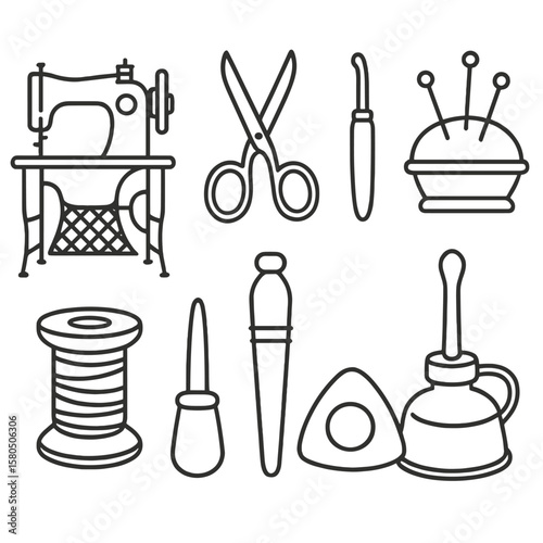 Family Heirloom Sewing Tools. Line style icons of Family Heirloom Sewing Tools: treadle sewing machine, wooden spool of thread,