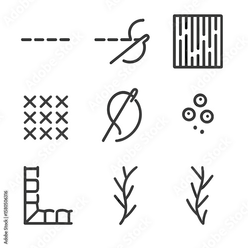 Line Style Stitches. Line style icons of Generational Stitch Samplers: running stitch row, backstitch line, satin stitch panel,