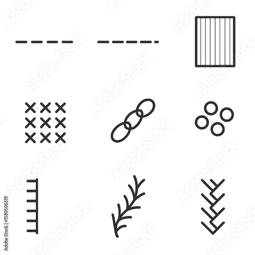 Line Style Stitches. Line style icons of Generational Stitch Samplers: running stitch row, backstitch line, satin stitch panel,