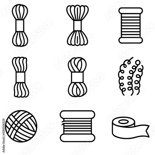 Heritage Embroidery Threads. Line style icons of Heritage Embroidery Threads: silk floss skein, cotton stranded floss, metallic