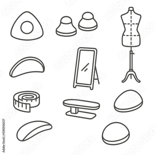 Tailoring Accessories Icons. Line style icons of Legacy Tailoring Accessories: tailor’s chalk, pattern weights, fitting mirror,