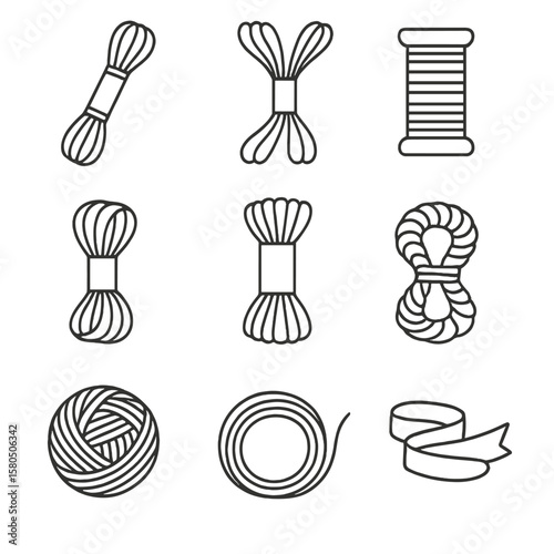 Heritage Embroidery Threads. Line style icons of Heritage Embroidery Threads: silk floss skein, cotton stranded floss, metallic
