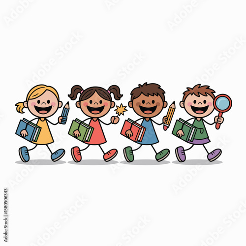 Cartoon stick kids with school supplies—bright colorful vector of walking children holding books, pencils, and magnifiers on white background