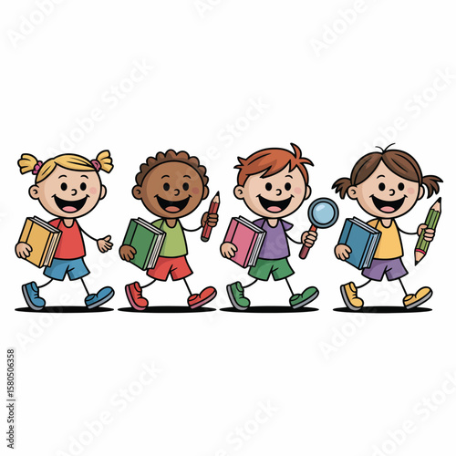 Happy stick kids with educational items—books, pencils, schoolbags, magnifying glass walking left to right in colorful vector art on white background