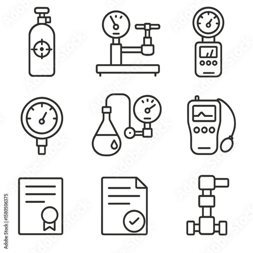 Gas Cylinder Calibration Icons. Line style icons of Gas Cylinder Calibration & Testing: calibration gas cylinder, test bench,