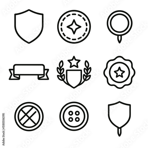 Gamification Badge Icons. Line style icons of Gamification Badges & Rewards: badge shield, sticker patch, enamel pin, ribbon