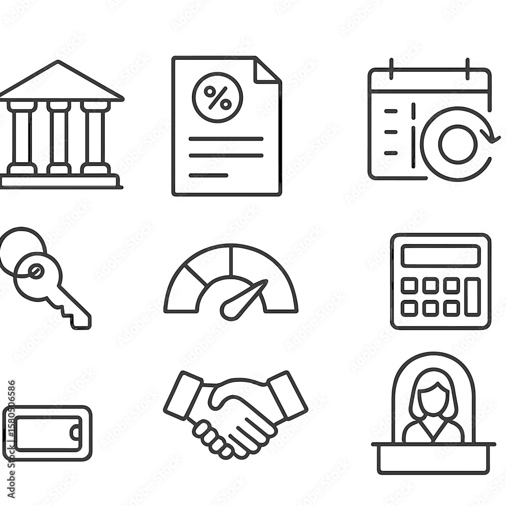 Loan Icon Set. Line style icons of Loan & Debt Financing: bank building, loan document, interest percentage, repayment schedule,