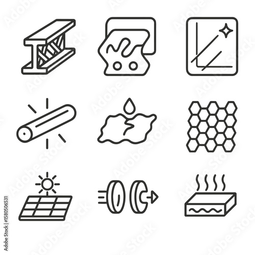Futuristic Materials Icons. Line style icons of Futuristic Materials: carbon fiber girder, smart alloy plate, transparent aluminum