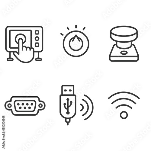 Robot Interface Icons. Line style icons of Robot Interface Icons: touch screen panel, control knob, emergency stop button, status