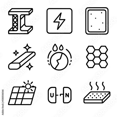 Futuristic Materials Icons. Line style icons of Futuristic Materials: carbon fiber girder, smart alloy plate, transparent aluminum