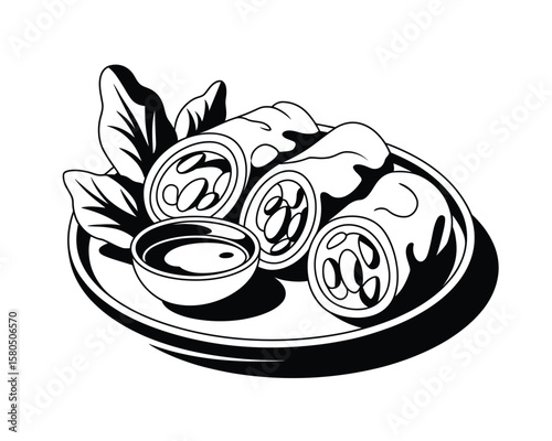 Spring roll vector illustration in black and white line art style with dipping sauce, leafy garnish, and bold outlines on white background