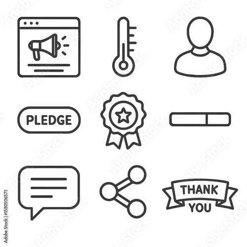 Crowdfunding Campaign Icons. Line style icons of Crowdfunding Campaign: campaign page mockup, funding goal meter, backer