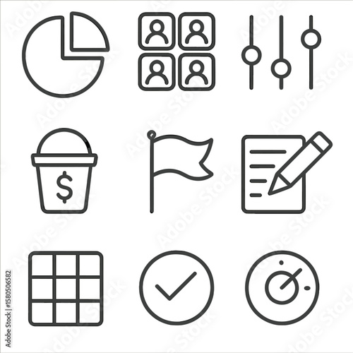 Budget Strategy Icons. Line style icons of Budget Allocation Strategy: allocation pie, department icon grid, slider controls,