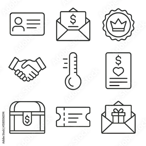 Non-Profit Funding Icons. Line style icons of Non-Profit Funding Streams: membership dues card, sponsorship letter, government