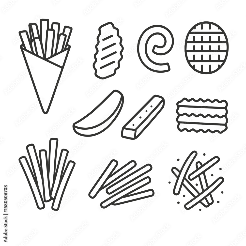 Fototapeta premium Fries Line Icons. Line style icons of French Fries Variety: paper cone of fries, crisscut fry, curly fry, waffle fry, steak fry,