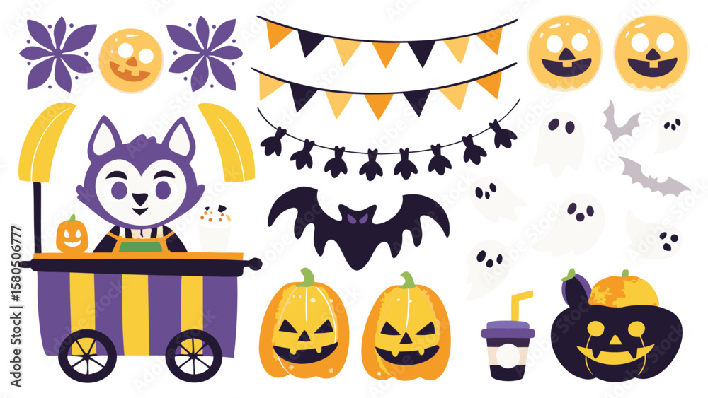 Fototapeta premium Halloween themed illustration with a wolf in a cart, pumpkins, ghosts, and banner decorations