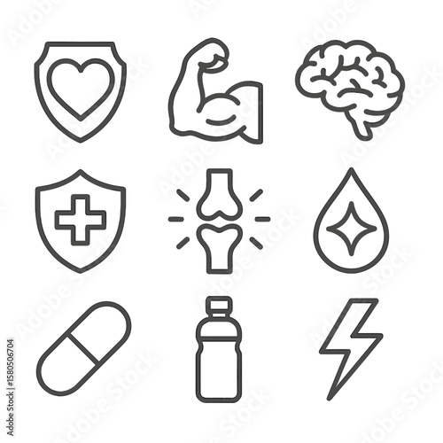 Frozen Pea Benefits Icons. Line style icons of Frozen Pea Health Benefits: heart emblem, muscle arm, brain memory icon, immune