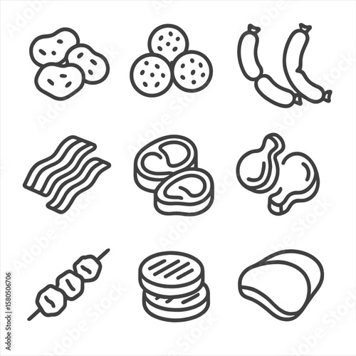 Frozen Meat Icons. Line style icons of Frozen Meat Products: chicken nuggets, meatballs, sausage links, bacon strips, steak