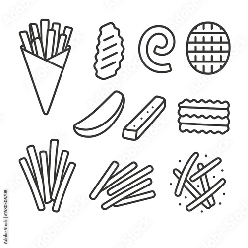 Fries Line Icons. Line style icons of French Fries Variety: paper cone of fries, crisscut fry, curly fry, waffle fry, steak fry,