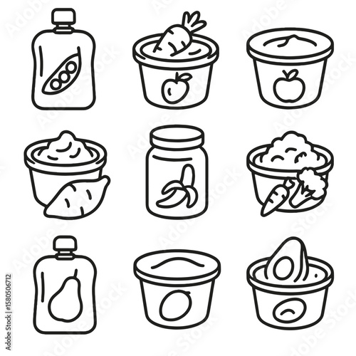 Frozen Baby Food Icons. Line style icons of Frozen Baby Foods: pea puree pouch, carrot puree tub, apple sauce cup, sweet potato