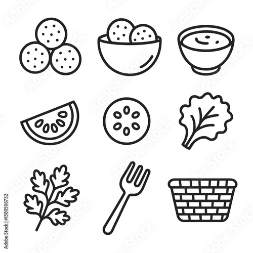 Falafel Snack Icons. Line style icons of Falafel Balls Snack: falafel ball, pita pocket, tahini sauce bowl, tomato slice, cucumber