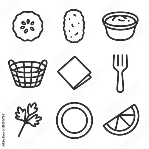 Fried Pickles Icons. Line style icons of Fried Pickles Platter: pickle slice, breaded pickle, ranch dip bowl, basket, napkin, fork