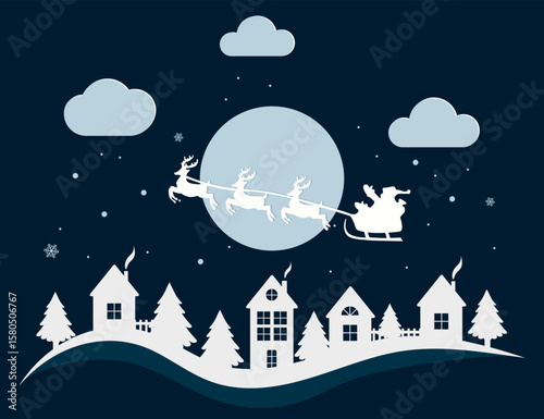 Santa in a reindeer sleigh flies in the sky on Christmas night. Winter landscape with houses and fir trees in snowdrifts.