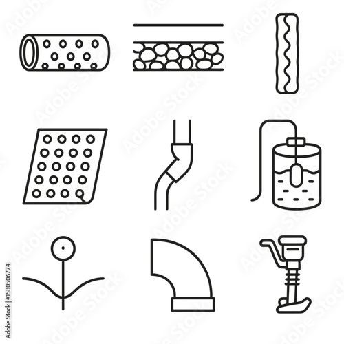 Foundation Drainage Icons. Line style icons of Foundation Drainage Systems: perforated drain pipe, gravel trench, geotextile sock,