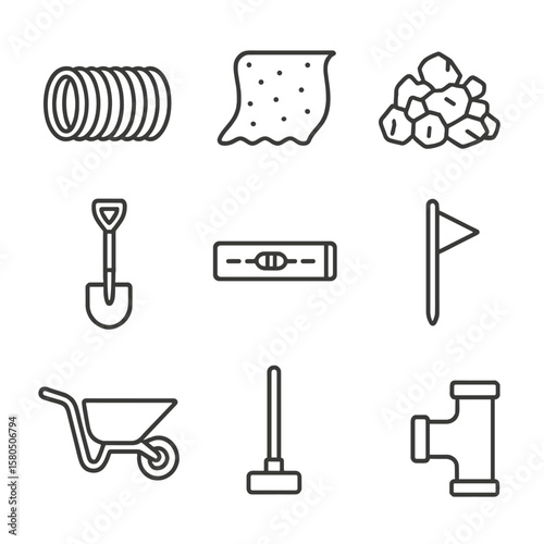 French Drain Installation Icons. Line style icons of French Drain Installation: corrugated pipe, filter fabric, drainage rock,