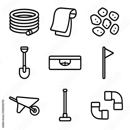 French Drain Installation Icons. Line style icons of French Drain Installation: corrugated pipe, filter fabric, drainage rock,